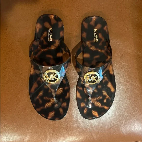 Michael Kors Tortoise Shell Slides with Gold Logo - Picture 1 of 5